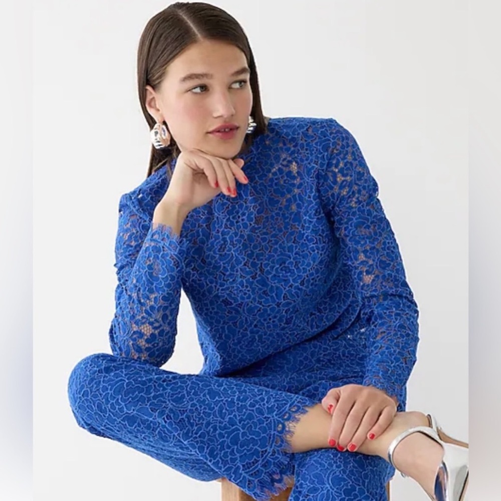 •J.CREW• Regal Blue Scalloped Lace Long Sleeve Mockneck Top Blouse Size 6